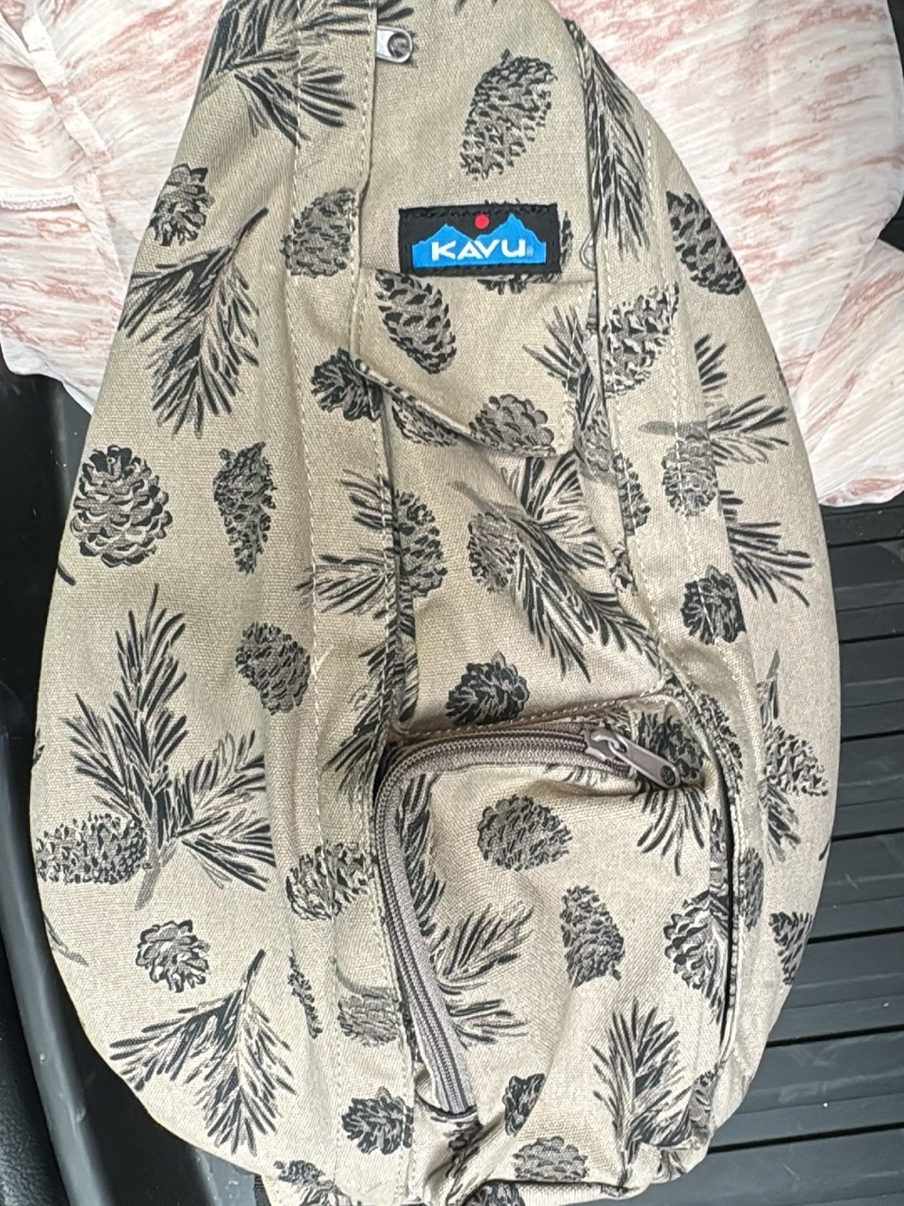 Kavu Tan Sling Bag with Black Pinecone Print